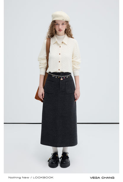 Wool Blend High Waist Pocketed Straight Long Skirt