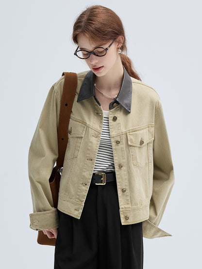 Versatile Denim Jacket With Faux Leather Collar