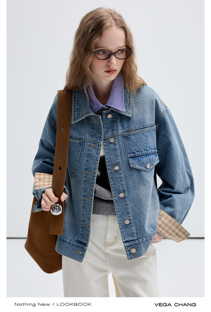 Gingham Check Cuffs Washed Denim Jacket