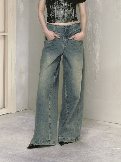 Vintage Style Distressed Shredded Wide Leg Jeans