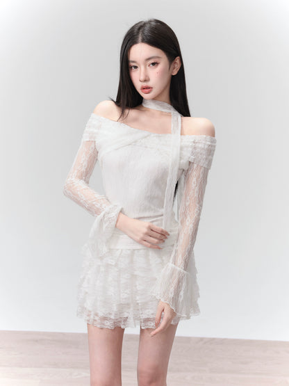 Lace Flared Cuff Top And Ruffled Mini Skirt With Neck Tie