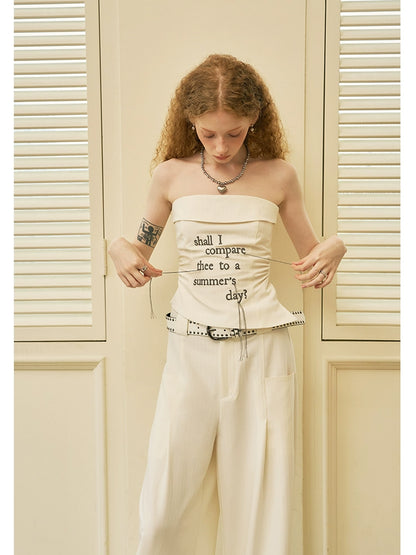 Letter Fringed Embroidery Tube Top And Turn Up Trousers