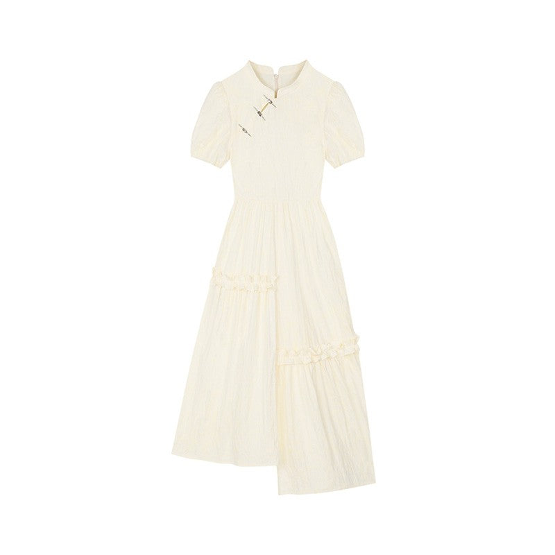 Ruffle Detailed Long Jacquard Qipao Dress