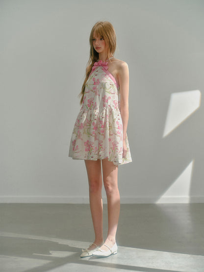 Flower Ribbon Cross Strap Floral Puffy Dress