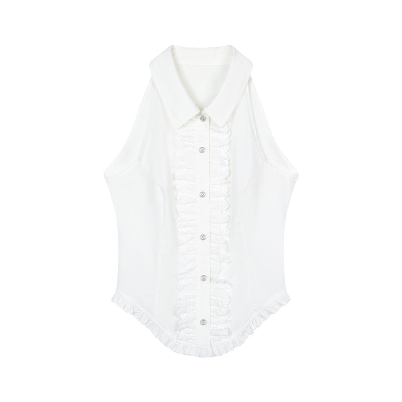 Sleeveless Frilled Lace Placket Round Hem Shirt