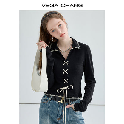 Lace-Up Design Stitched Edge Rib Knit Top