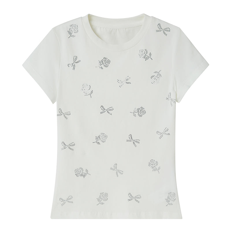 Rhinestone Bow And Flower Motif Slim Fit T-Shirt