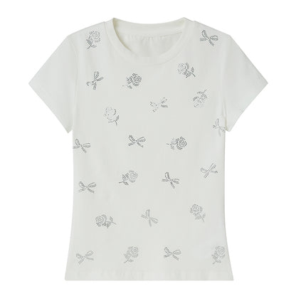 Rhinestone Bow And Flower Motif Slim Fit T-Shirt