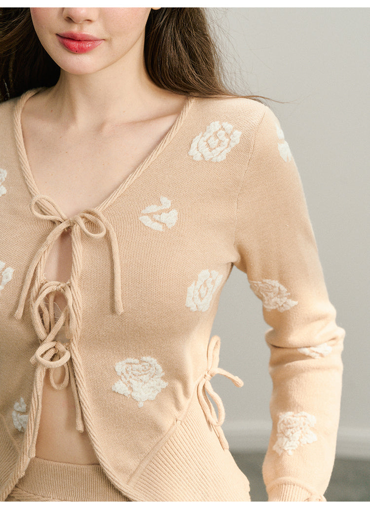 Flower Textured Jacquard Tie Knit Cardigan And Skirt