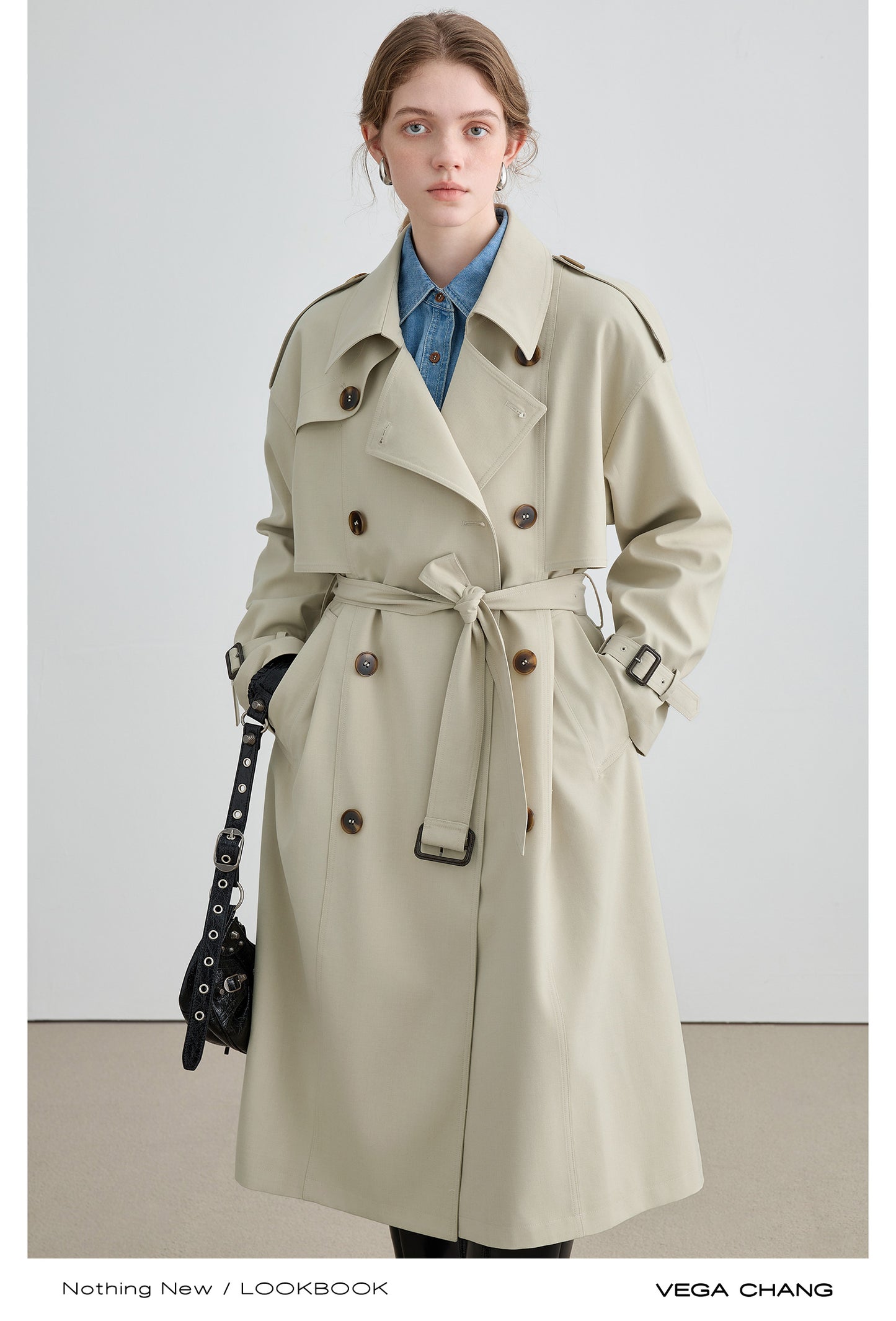 Belted Double Breast Midi Serge Trench Coat