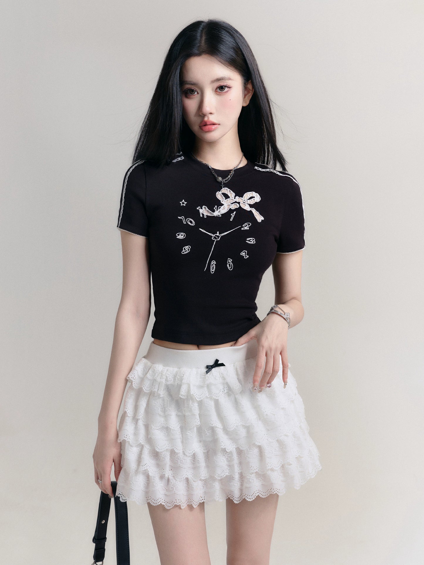 Clock Embroidered T-Shirt With Lace Trim And Bow Accents