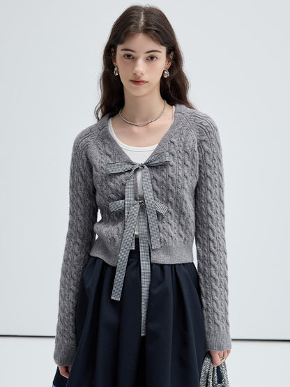 Cable Knit Cardigan With Gingham Ribbon Ties