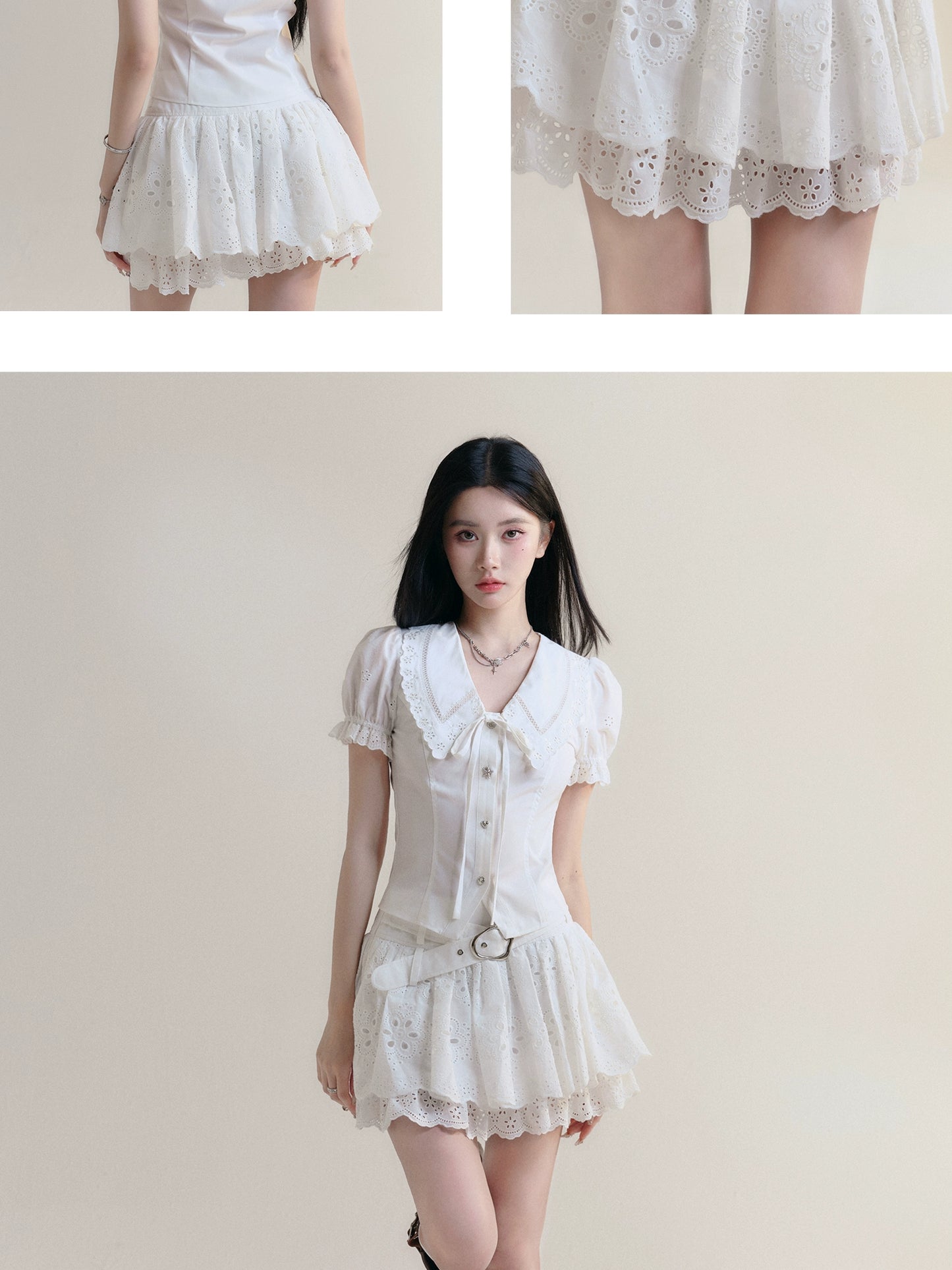 Mix And Match Puff Sleeve Big Collar Shirt And Frilled Skirt