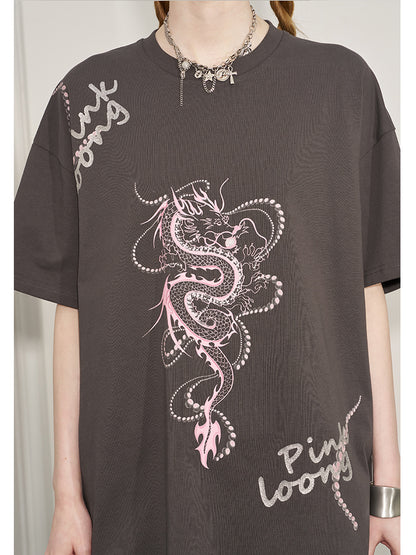 Glitter Lettered Dragon Print Oversized T-Shirt