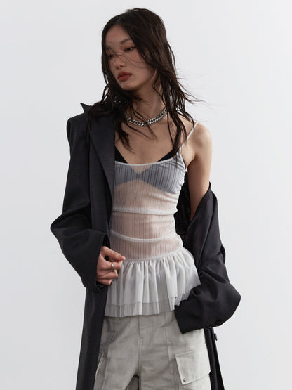 Adjustable Sheer Elastic Ruffled Camisole Top