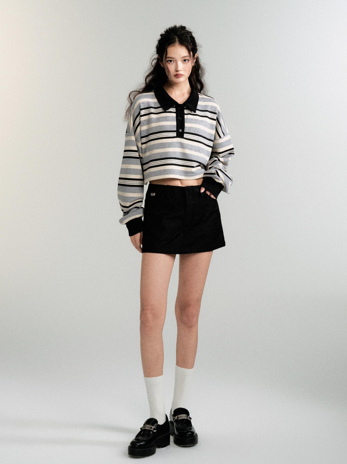 Contrast Color Cropped Stripe Polo Sweatshirt