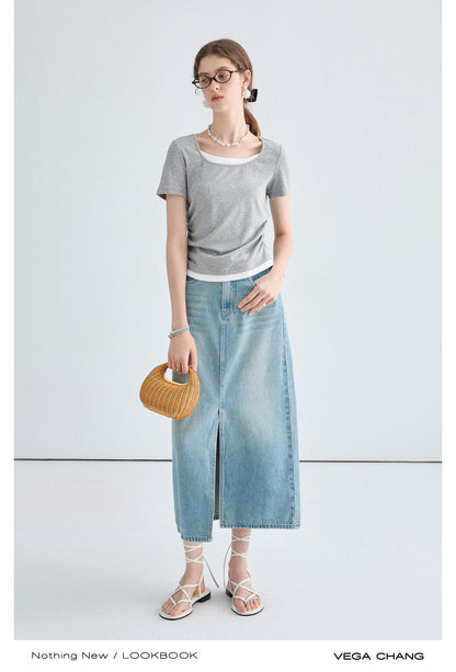 Faux Layered T-Shirt And Long Washed Denim Skirt