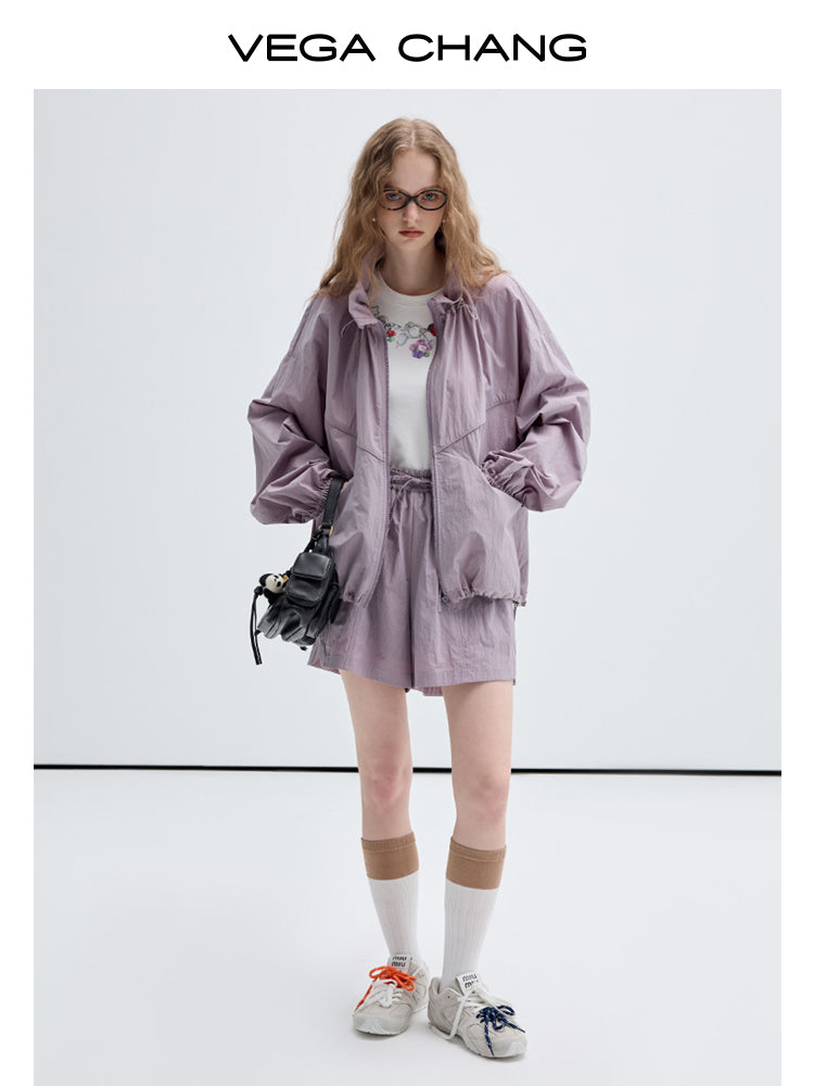 Stand-Collar Drawstring Jacket And Shorts