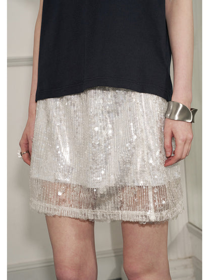 Sequin Short Skirt With Lustrous Silver Lining