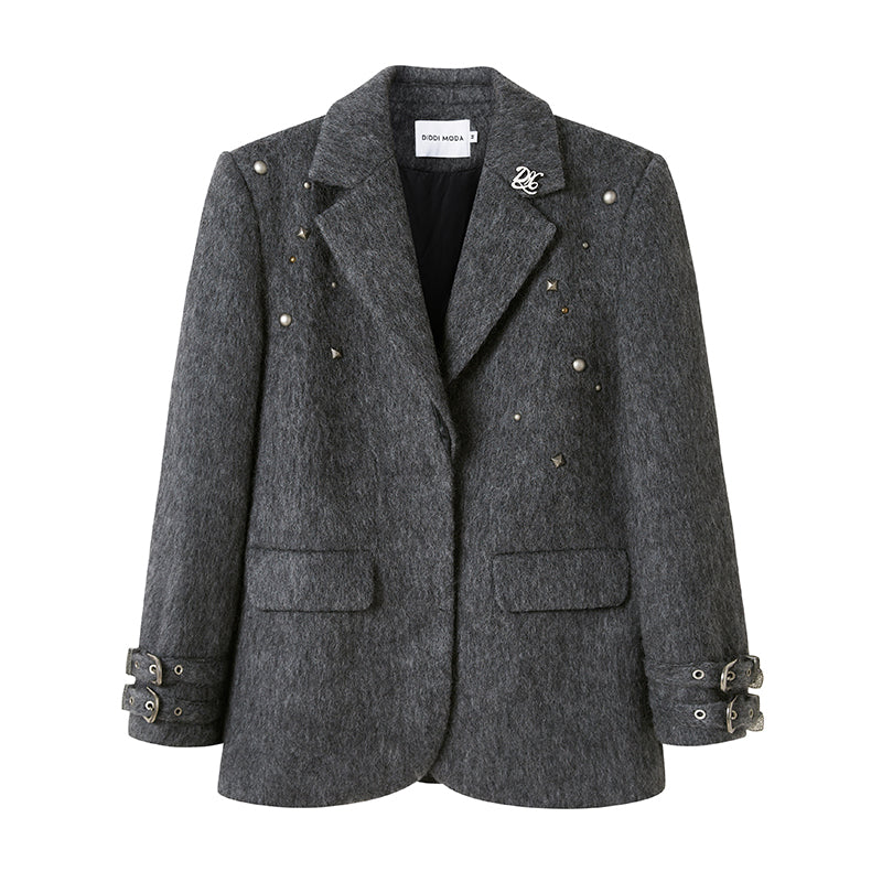 Shoulder-Padded Wool Blend Studded Jacket