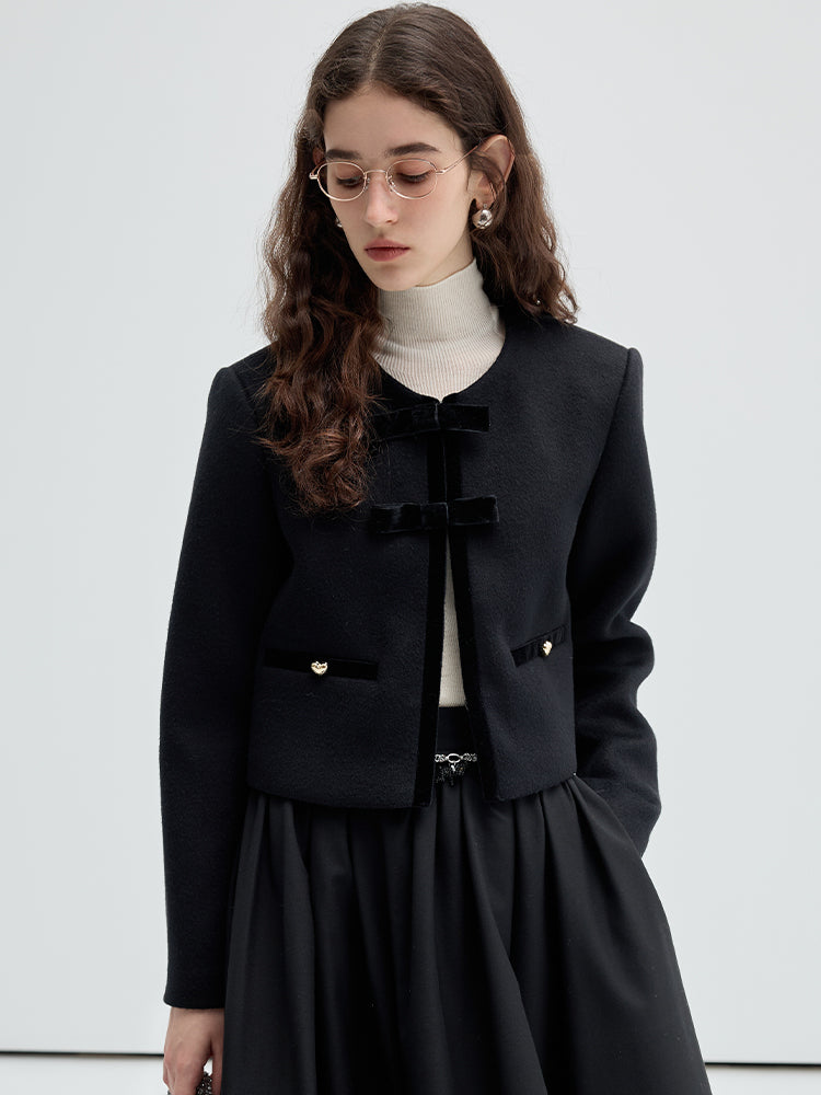 Wool Blend Short Jacket With Velvet Bow Detail