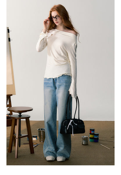 Logo Embroidered Washed Wide-Leg Jeans