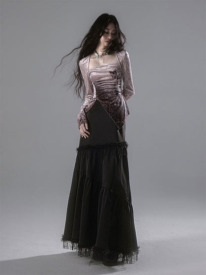 High Waist Satin Fringe Tiered Long Skirt