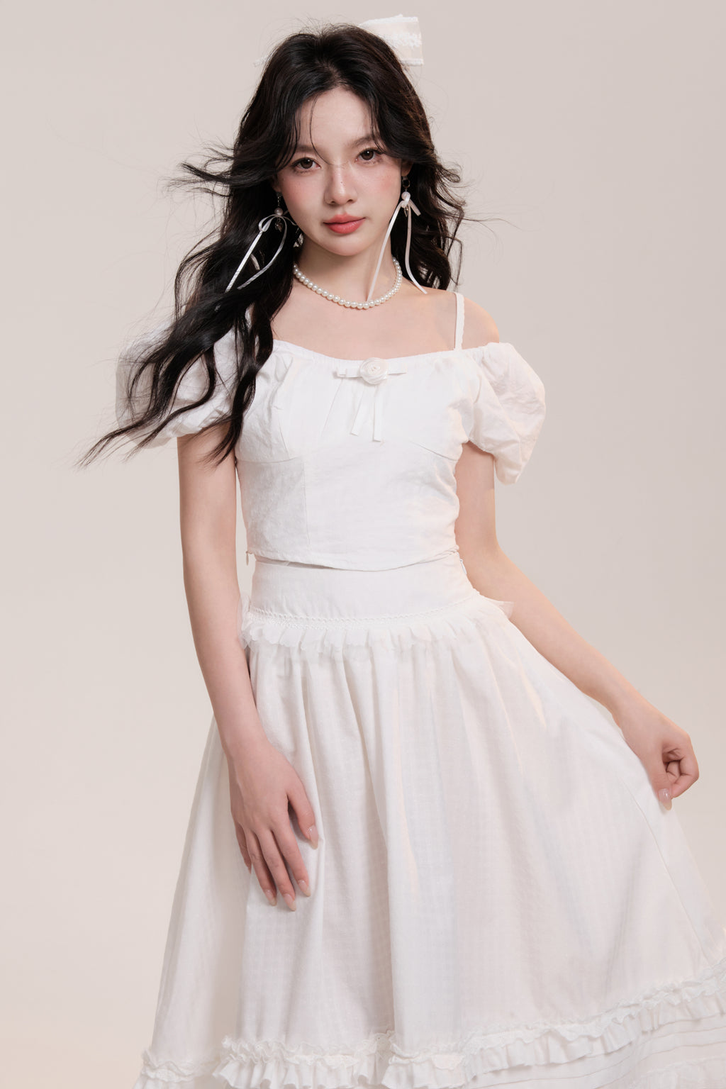 Rose Checkered Puff Sleeve Top And Frilled Skirt