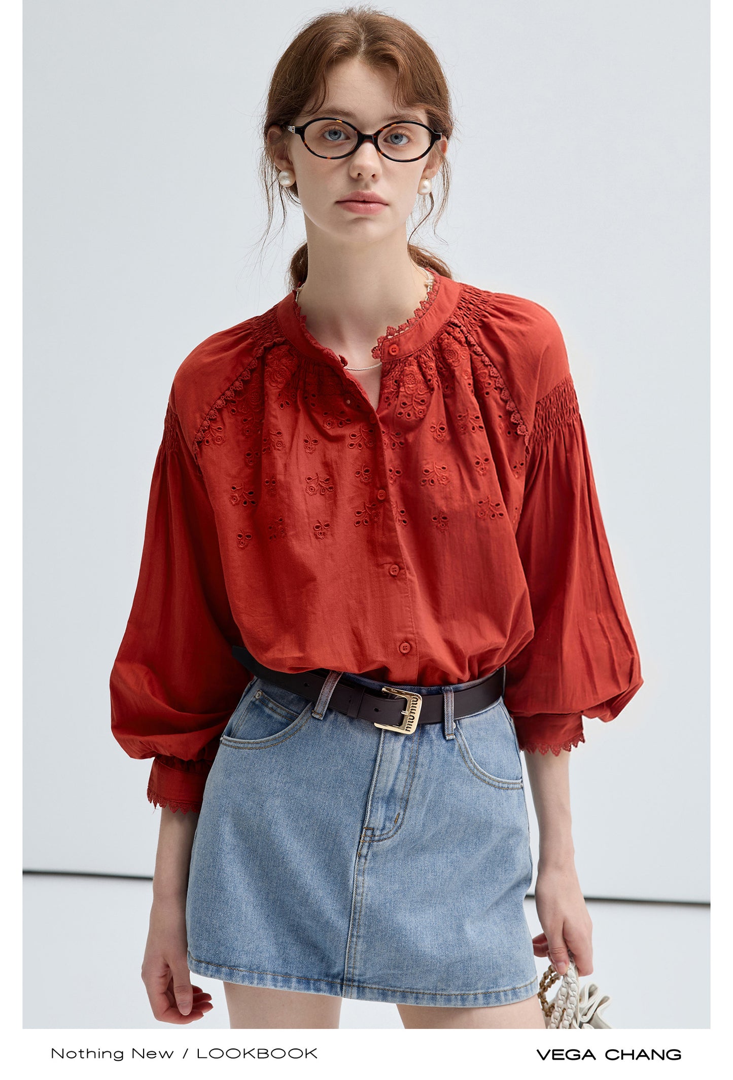 Embroidered Balloon Sleeve Blouse And Denim Skirt