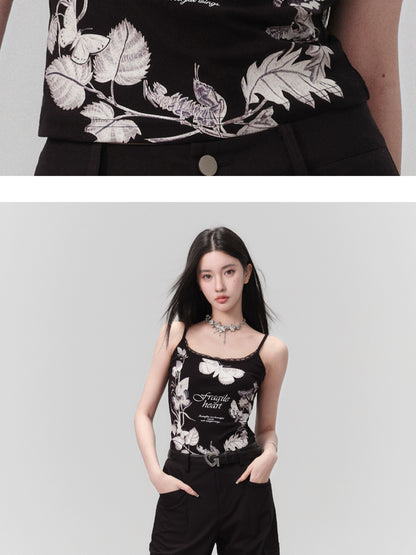 Butterfly Print Lace Trimmed Elastic Camisole Top