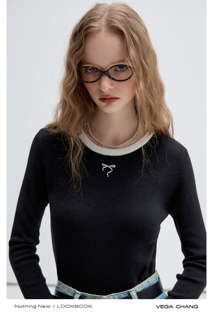 Wool Blend Bow Embroidery Contrast Knit Top