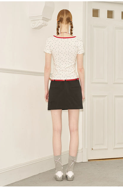 Polka Dot Contrast Faux Two-Piece Henley Neck T-Shirt