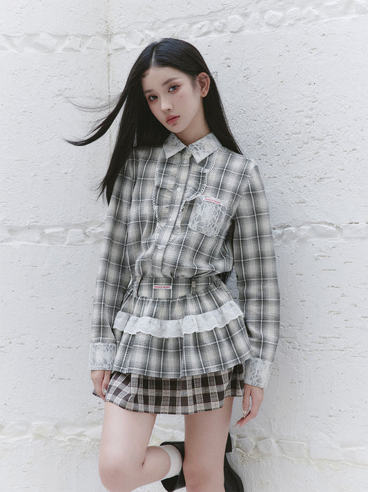 Plaid Frilled Cotton Shirt, Layered Mini Skirt