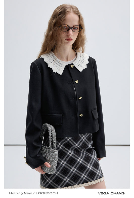 Heart Button Lace Collar Jacket, Bias Plaid Skirt