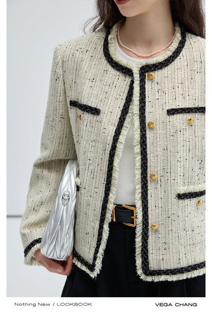 Fringed Edge Shoulder Padded Metallic Tweed Jacket