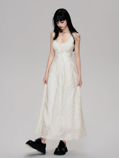 Eyelet Embroidered Lace Gathered Neck Long Dress