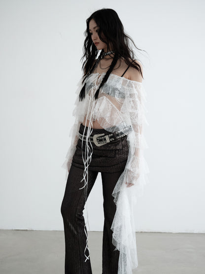 Asymmetric Hem Ruffled Sheer Lace Blouse