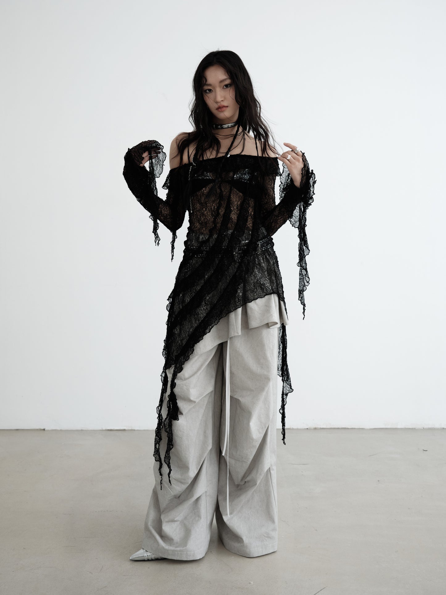 Oversized Asymmetrical See-Through Knit Top