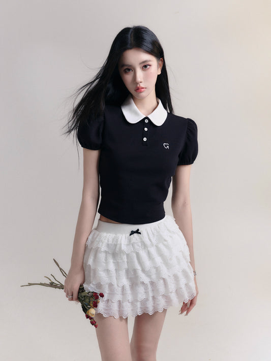 Contrast Color Round Collar Short Polo Shirt