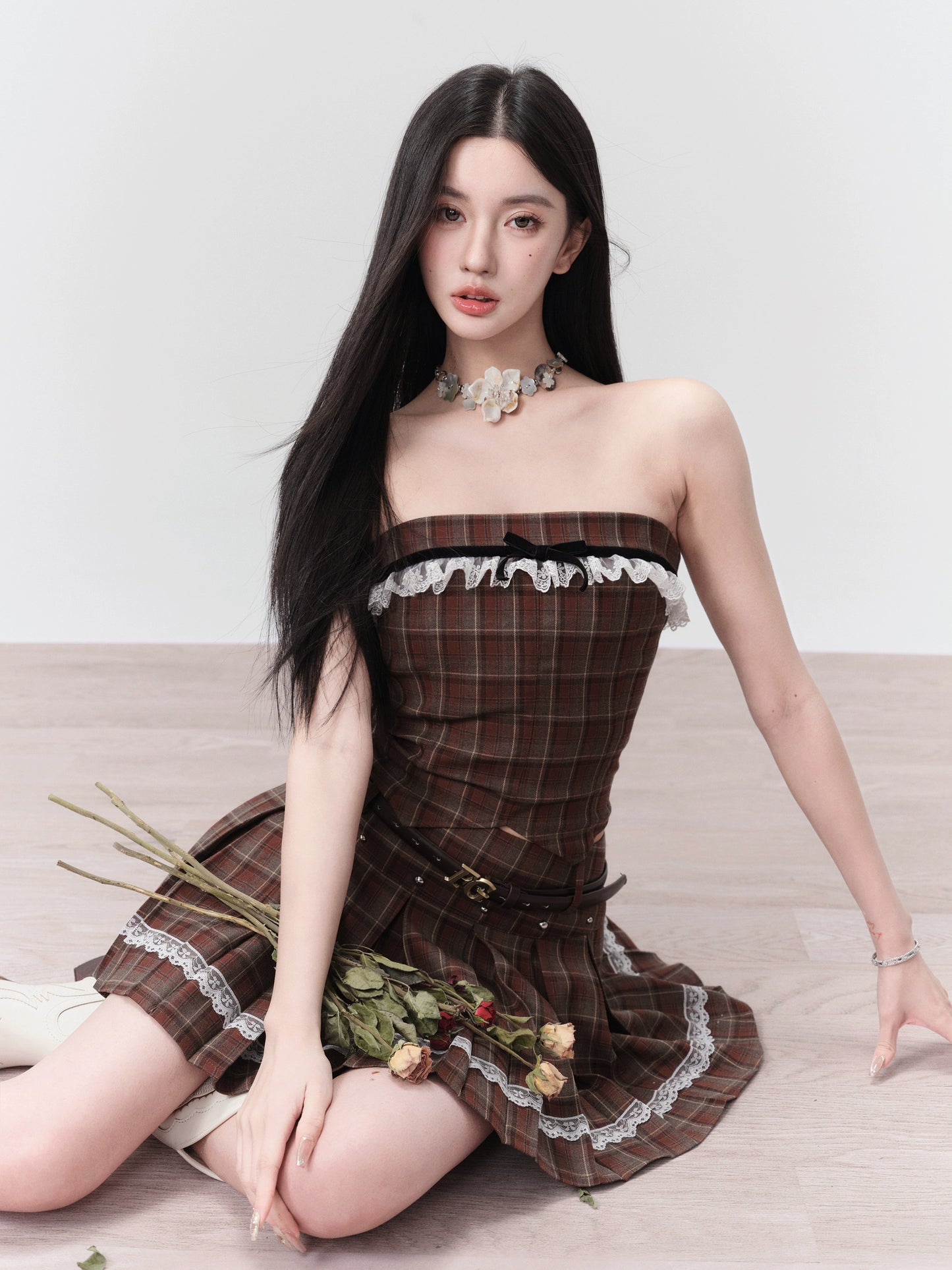 Mix And Match Plaid Frilled Tube Top And Pleated Mini Skirt