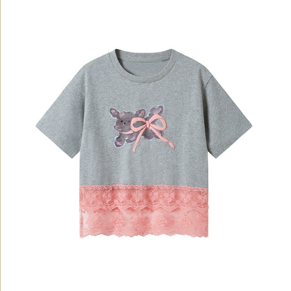 Running Puppy Print Cotton T-Shirt With Lace-Trimmed Hem