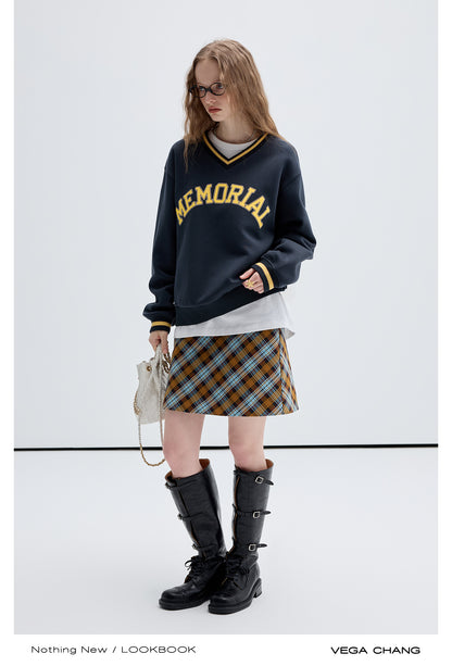 Letter Print Varsity V-Neck Sweatshirt