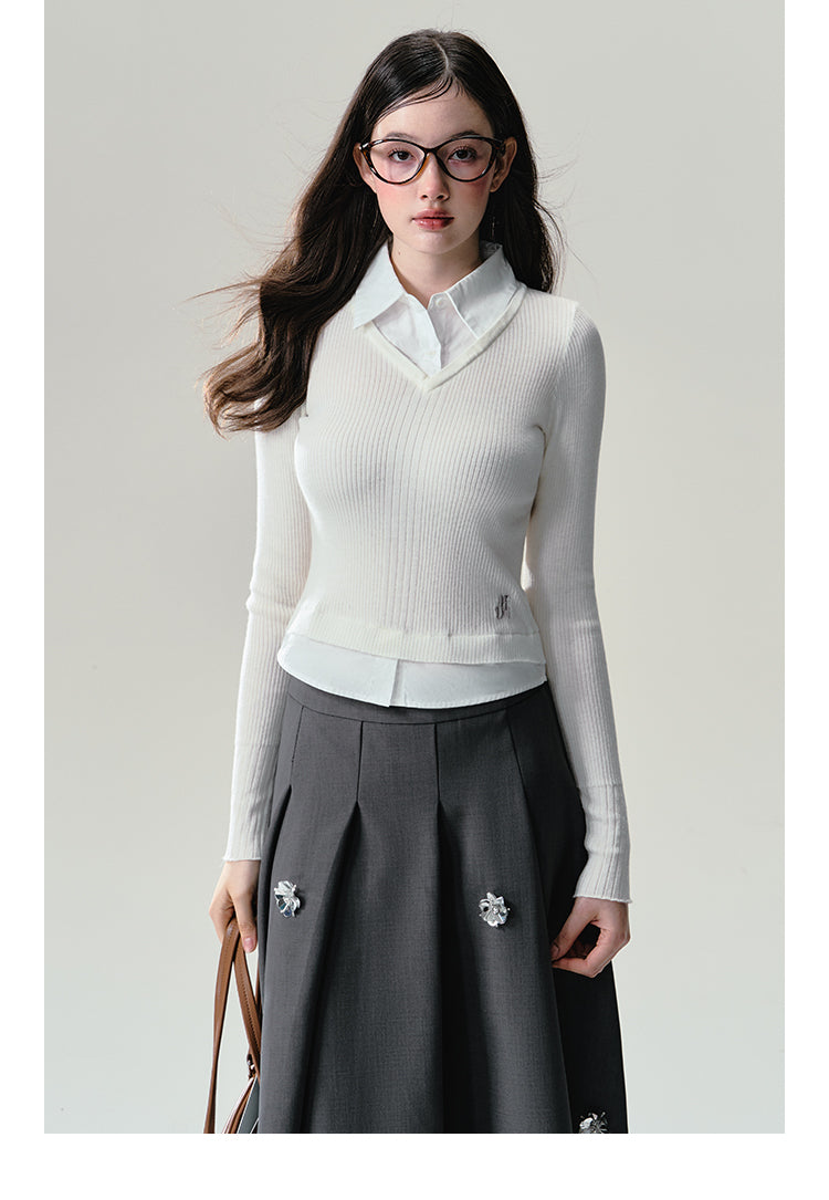 Layered V-Neck Rib Knit Top With Shirt Collar