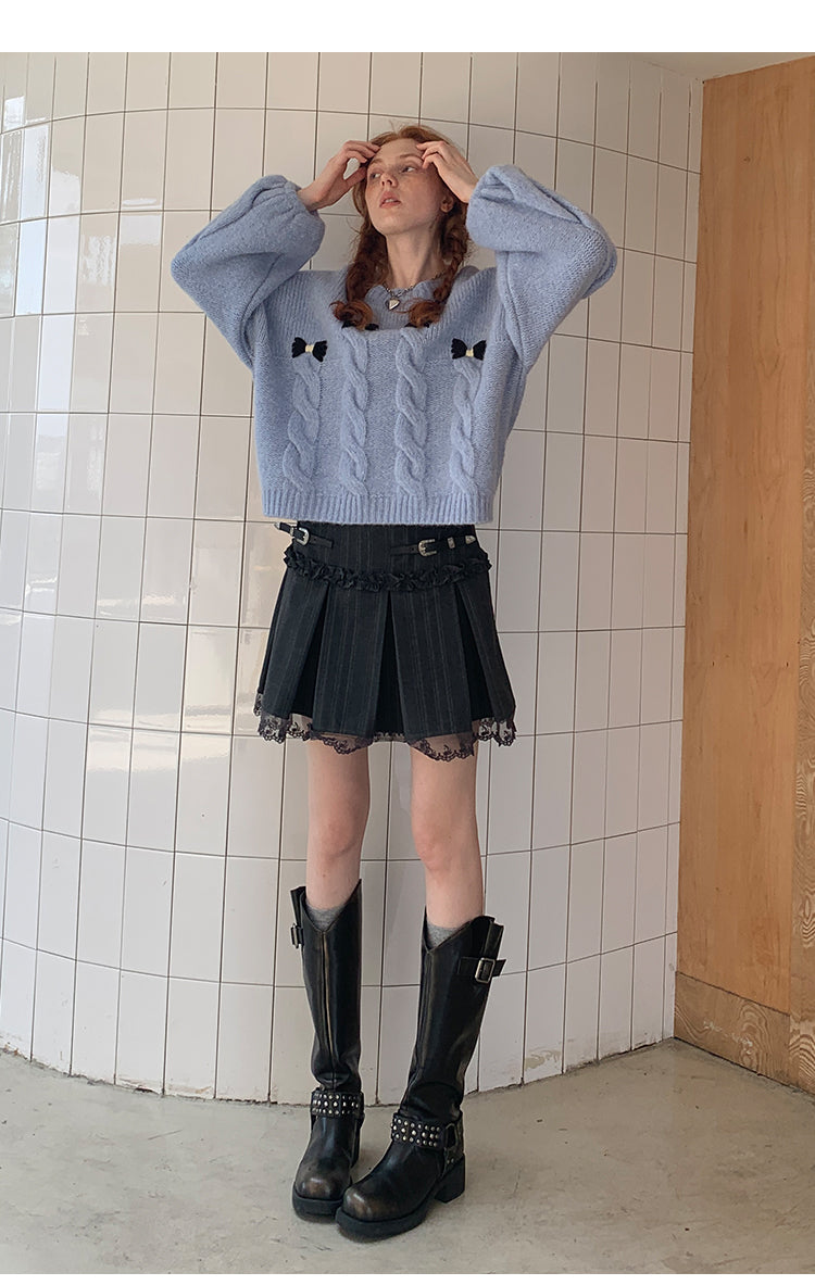 Bow Accent Drop Shouldered Knit Sweater