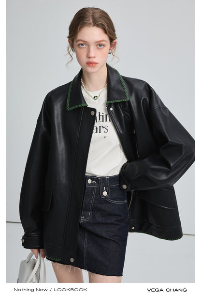 Stitched Collar Faux Leather Moto Jacket