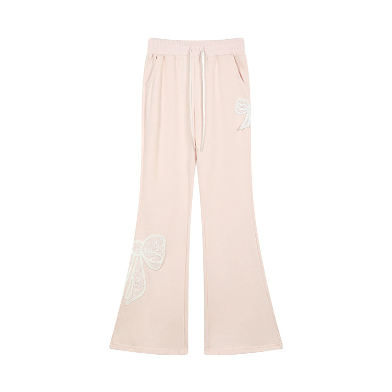 Large Lace Bow Patched Flare Sweatpants