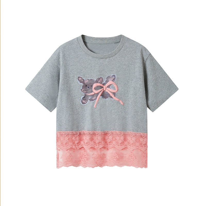 Running Puppy Print Cotton T-Shirt With Lace-Trimmed Hem