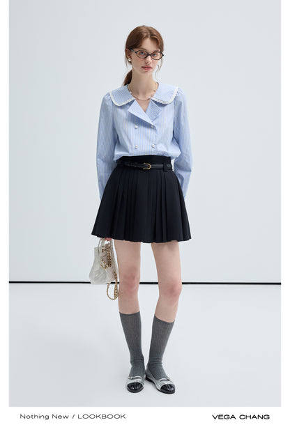 Frilled Round Collar Puff Sleeve Stripe Blouse