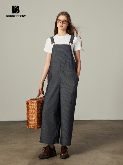 Striped Cropped Wide-Leg Denim Overalls