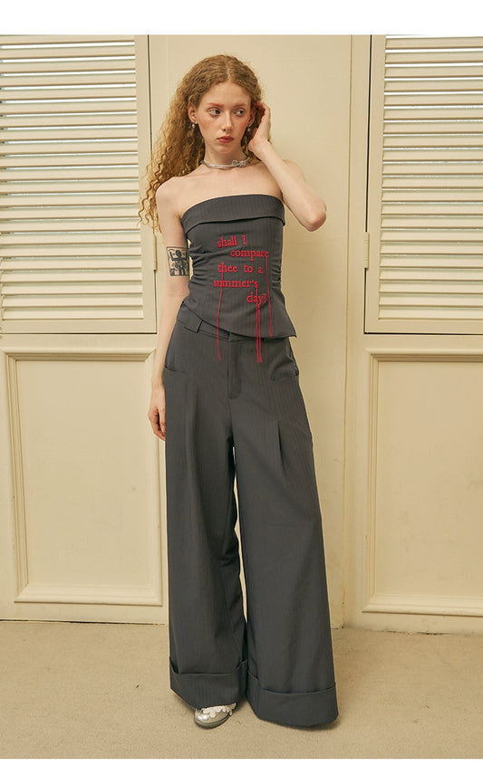 Letter Fringed Embroidery Tube Top And Turn Up Trousers